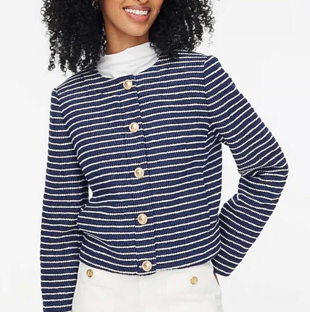 J.Crew Factory Tweed Lady Jacket Navy Ivory Striped Gold Buttons 8 Old Money